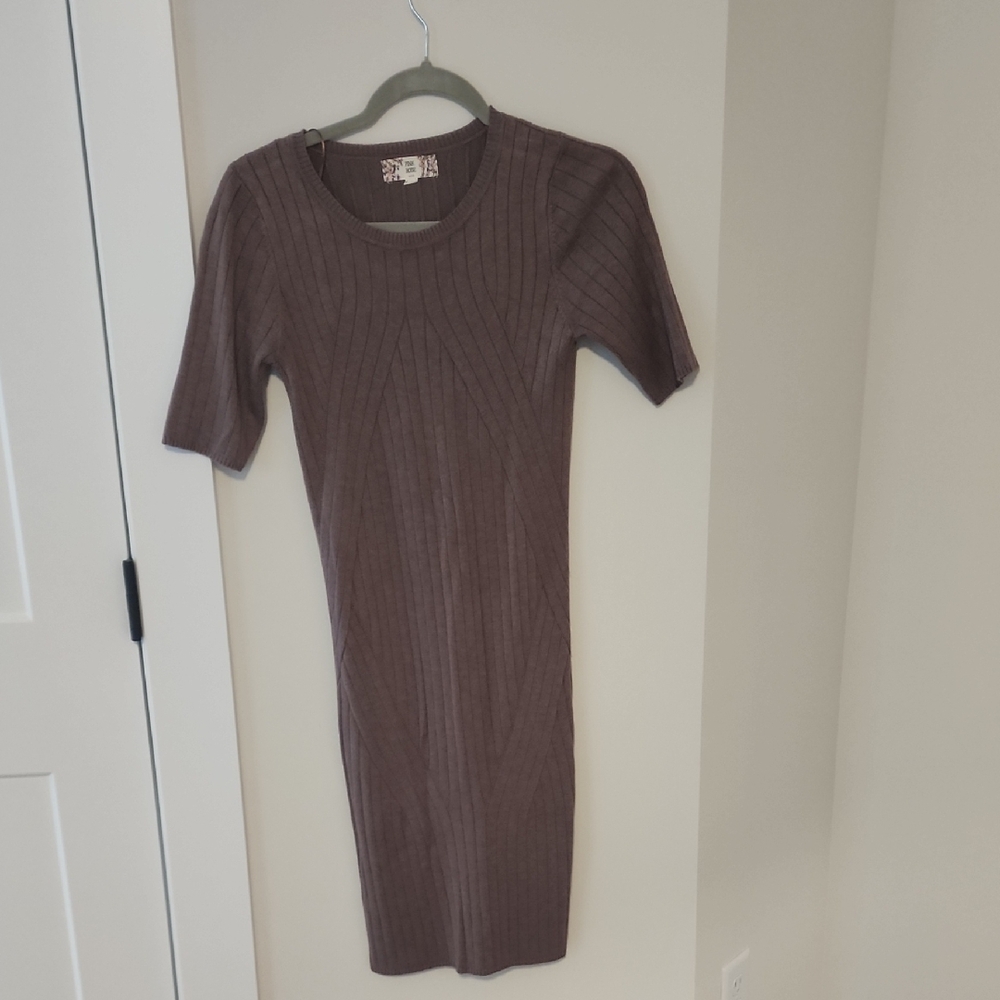 Pink Rose Ribbed Knit Mini Dress - Brown